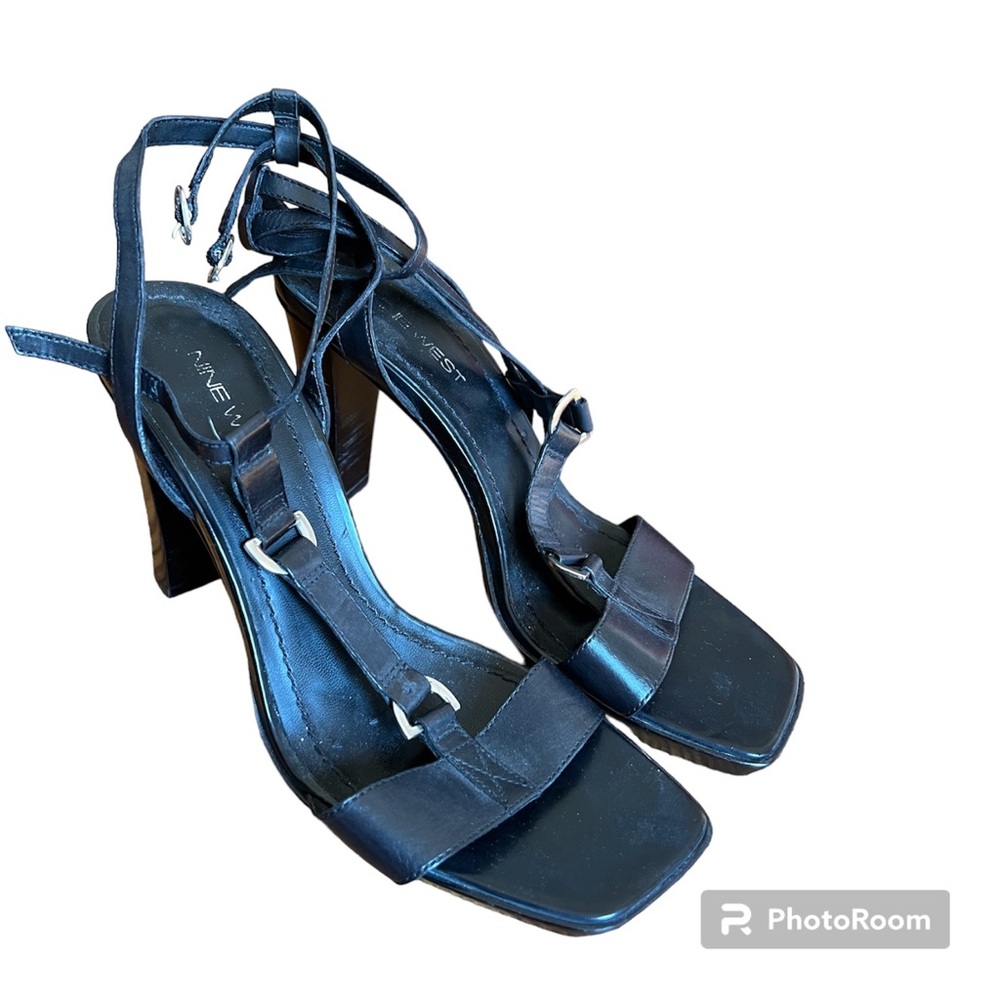 ◼️NINE WEST: Women’s size 8.5, black high strappy ankle heels, open toe preowned